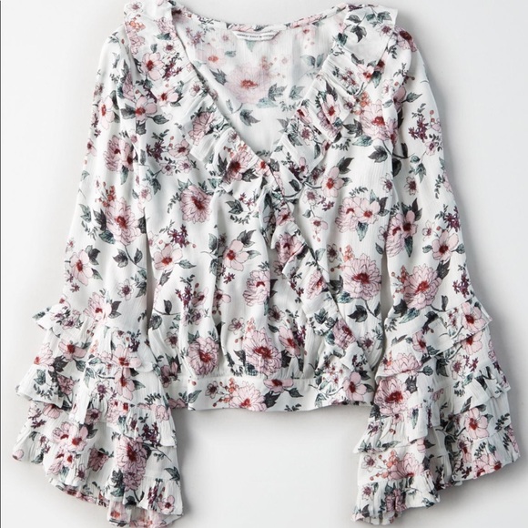 AEO Floral Wrap Front Ruffle Sleeve - Picture 2 of 6